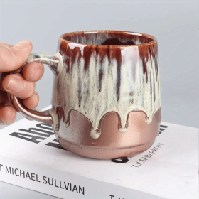 Large Ceramic Coffee Mug, 21 Oz, Gilt Beige Blue Tea Cup for Office and Home, Dishwasher and Microwave Safe