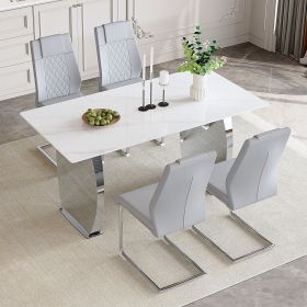 Table and chair set.63*31.4 Inch Snow Mountain White Sintered Stone Dining Table Set - 4 Light Gray High-quality PU Chairs With Arched Metal Legs.Perf
