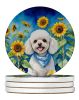 White Poodle in Sunflowers Large Sandstone Coasters Pack of 4 Absorbent Round Coasters Decor Gifts for Men or Women, 4 in, Multicolor