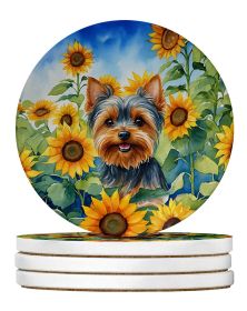 Yorkshire Terrier in Sunflowers Large Sandstone Coasters Pack of 4 Absorbent Round Coasters Decor Gifts for Men or Women, 4 in, Multicolor