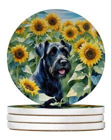 Giant Schnauzer in Sunflowers Large Sandstone Coasters Pack of 4 Absorbent Round Coasters Decor Gifts for Men or Women, 4 in, Multicolor