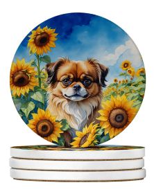 Tibetan Spaniel in Sunflowers Large Sandstone Coasters Pack of 4 Absorbent Round Coasters Decor Gifts for Men or Women, 4 in, Multicolor