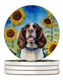 English Springer Spaniel in Sunflowers Large Sandstone Coasters Pack of 4 Absorbent Round Coasters Decor Gifts for Men or Women, 4 in, Multicolor