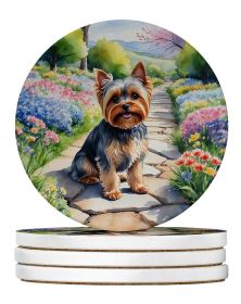 Yorkshire Terrier Spring Path Large Sandstone Coasters Pack of 4 Absorbent Round Coasters Decor Gifts for Men or Women, 4 in, Multicolor
