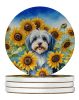 Tibetan Terrier in Sunflowers Large Sandstone Coasters Pack of 4 Absorbent Round Coasters Decor Gifts for Men or Women, 4 in, Multicolor