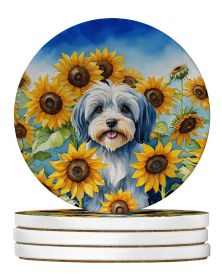 Tibetan Terrier in Sunflowers Large Sandstone Coasters Pack of 4 Absorbent Round Coasters Decor Gifts for Men or Women, 4 in, Multicolor
