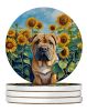 Shar Pei in Sunflowers Large Sandstone Coasters Pack of 4 Absorbent Round Coasters Decor Gifts for Men or Women, 4 in, Multicolor