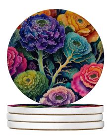 Colorful Ornamental Kale Large Sandstone Coasters Pack of 4 Absorbent Round Coasters Decor Gifts for Men or Women, 4 in, Multicolor