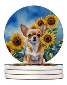 Chihuahua in Sunflowers Large Sandstone Coasters Pack of 4 Absorbent Round Coasters Decor Gifts for Men or Women, 4 in, Multicolor
