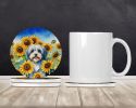 Tibetan Terrier in Sunflowers Large Sandstone Coasters Pack of 4 Absorbent Round Coasters Decor Gifts for Men or Women, 4 in, Multicolor