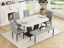 6-Piece Dining Table Set for 6, Faux Marble Table with V-shaped Legs and 4 Upholstered Chairs & Bench, Modern Dining Room Set for Kitchen, Dining Room